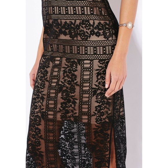 Miss Selfridge Dress Maxi Black Floral Lace Sleeveless Open Back Slits - Picture 3 of 13